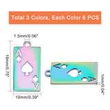 18Pcs 3 Color 201 Stainless Steel Pendants, Laser Cut, Playing Card A, Mixed Color, 19x10x1mm, Hole: 1.5mm, 6pcs/color