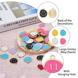 60Pcs 6 Colors Alloy Enamel Pendants, Golden, Flat Round with Smiling Face Charm, Mixed Color, 24.5x20x1.5mm, Hole: 2mm, 10pcs/color