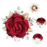 Cloth Rose with Crystal Rhinestone Brooch Pin, Light Gold Alloy Fashion Badge with Imitation Pearl for Clothes Shawl, Dark Red, 53x51.5x17.5mm