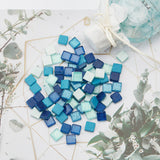 Glass Cabochons, Mosaic Tiles, with Glitter Powder, for Home Decoration or DIY Crafts, Square, Blue, 10x10x4.5mm, about 220pcs/box