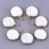 Natural Freshwater Shell Pendants, with Brass Findings, Flat Round, Golden, 16~16.5x13x5mm, Hole: 2mm, 16pcs/box