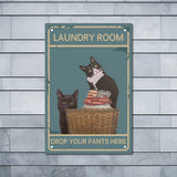 Iron Sign Posters, for Home Wall Decoration, Rectangle with Word Laundry Room Drop Your Pants Here, Cat Pattern, 300x200x0.5mm