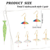 3 Pairs 3 Colors 3D Umbrella Acrylic Dangle Earrings, Golden Alloy Jewelry for Woman, Mixed Color, 39mm, Pin: 0.6mm, 1 Pair/color