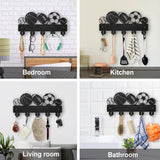 Wood & Iron Wall Mounted Hook Hangers, Decorative Organizer Rack, with 2Pcs Screws, 5 Hooks for Bag Clothes Key Scarf Hanging Holder, Football, 144x300x7mm