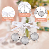 2Pcs 2 Styles Flat Round Alloy Pendant Decorations, with Transparent Glass Cabochon and Satin Ribbon, for Wedding Bouquet Decorations, Antique Silver, 95~140mm, 1pc/style