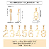 304 Stainless Steel Pendants, Number 0~9, Golden & Stainless Steel Color, 21x5~11x1.5mm, Hole: 6.5x3mm, 18pcs/box