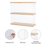 2-Tier Transparent Acrylic Minifigures Display Case with Wooden Base, for Models, Building Blocks, Doll Display Holder, Rectangle, PapayaWhip, Finished Poduct: 9.7x39.5x27.45cm