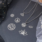 16Pcs 8 Style 201 & 304 Stainless Steel Pendants, Laser Cut, Hollow, Mixed Shape Lotus, Stainless Steel Color, 11~32x12~36.5x1mm, Hole: 1.4~1.6mm, 2pcs/style