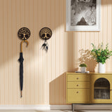 Wooden & Zinc Alloy Hook Hangers, Wall Mounted Key Hooks, Flat Round with Tree of Life Pattern, Black, 100x100x7mm, 1pc/style, 2 style, 2pcs/set