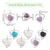 6Pcs 6 Style Natural & Synthetic Gemstone Pendants, with Platinum Tone Brass Findings, Heart, 28x26x5mm, Hole: 8x5mm, 1pc/style