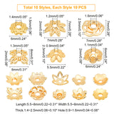 100Pcs 10 Style Brass Bead Caps, 6-Petal, Long-lasting, Flower, Real 14K Gold Plated, 5.5~8x5.5~8x1.4~2.5mm, Hole: 0.9~1.6mm, 10pcs/style