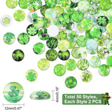 100Pcs Glass Cabochons, Flat Round with Clover Pattern, Green, Mixed Patterns, 12x4mm