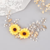 Alloy Hair Decorations, with Cloth Flower, Glass & Imitation Pearl Beads, Light Gold, 96x190x13.5mm, Hole: 2.5mm and 7x5mm