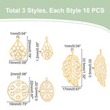 30Pcs 3 Style 304 Stainless Steel Pendants, Filigree Finding, Textured, Flat Round & Leaf & Teardrop, Golden, 20~33.5x15~19x0.5~1.2mm, Hole: 1~2mm, 10pcs/style