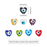 Handmade Evil Eye Lampwork Beads, Heart, Mixed Color, 13~15x15x9mm, Hole: 2mm, 8 colors, 8pcs/color, 64pcs/box