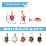 5Pcs 5 Colors Brass Micro Pave Cubic Zirconia Charms, Real 18K Gold Plated, Nickel Free, Oval, Mixed Color, 14x11.5x7mm, Hole: 5x3.5mm, 1pc/color