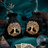 2Pcs Velvet Packing Pouches, Drawstring Bags, Rectangle, Black, Tree of Life Pattern, 18.2x12.8~13.5x0.2cm, 2pcs