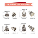 200Pcs 4 Style Tibetan Style Alloy Bead Cones, Antique Silver, 7~10x4.5~7.5mm, Hole: 1.4~1.8mm, 50pcs/style