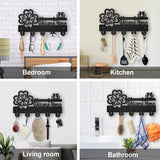 Wood & Iron Wall Mounted Hook Hangers, Decorative Organizer Rack, with 2Pcs Screws, 5 Hooks for Bag Clothes Key Scarf Hanging Holder, Flower, 169x300x7mm