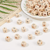 Natural Wooden European Beads, Large Hole Beads, Undyed, Cube with Letter, Antique White, 14x13.5x13.5mm, Hole: 5.5mm, 100pcs