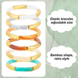 6Pcs 6 Colors Acrylic Curved Tube Beaded Stretch Braceles Set for Women, Mixed Color, Inner Diameter: 2 inch(5.13cm), 1Pc/color