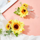 Silk Cloth Imitation Flower Wrist, with Artificial Silk Sunflower Boutonniere Brooch, for Wedding, Party Decorations, Orange, Stretch Bracelets: 120x115x58mm, 1pc; Brooch: about 60x100x65mm, pin: 1mm, 1pc