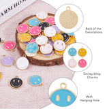 70Pcs 7 Colors Alloy Enamel Pendants, Light Gold, Flat Round with Smiling Face Charm, Mixed Color, 19x16mm, 10pcs/color