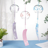 3Pcs 3 Colors Japanese Glass Wind Chimes, Flower Pattern Small Wind Bells with Paper Card, Suncatcher for Garden Window Party Hanging Decors, Mixed Color, 375~395mm, 1pc/color