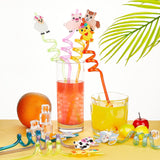 PET Spiral Drinking Straws, with Silicone Straw Marking Decors, Animal, Mixed Color, 253~276x26~27mm, 8pcs/set
