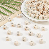Natural Wooden European Beads, Large Hole Beads, Undyed, Cube with Letter, Antique White, 10x9.5x9.5mm, Hole: 4mm