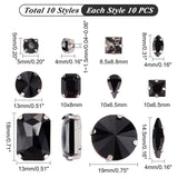 100Pcs 10 Style Sew on Rhinestone, Multi-strand Links, Glass Rhinestone, with Brass Prong Settings, Garments Accessories, Faceted, Octagon & Flat Round & Square & Teardrop & Horse Eye, Black, 5~19x4~19x3.5~8mm, Hole: 0.8~1.5mm, 10pcs/style