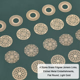 32PCS 4 Styles Brass Filigree Joiners Links, Etched Metal Embellishments, Flat Round, Light Gold, 30x0.3mm, Hole: 1.2~1.6mm, 8pcs/style