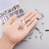 Silver Jewelry Finding Sets with Mixed Sizes Iron Ribbon Ends, Alloy Drop End Piece, Brass Lobster Claw Clasps and Iron Twist Extender Chains, Platinum, 8~25x8x5mm, 12x7x3mm,7x2.5mm, 50x3.5mm, Hole: 1~1.2mm