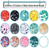 450Pcs 15 Colors 2-Hole Glass Seed Beads, Transparent Colours, Rectangle, Mixed Color, 4.5~5.5x2x1~2.5mm, Hole: 0.5~0.8mm, 30pcs/colors