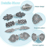 Heart & Feather & Flower & Hamsa Hand Vintage Alloy Cardigan Clips, Sweater Collar Badges with Iron Clips, Antique Silver & Platinum, 75~88mm, 4 styles, 1pc/style, 4pcs/set, 1 set/box