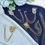 4Pcs 2 Colors Lion with Crown Rhinestone Safety Pin Brooch, Hanging Long Chain Alloy Pin for Suit Shirt Collar, Antique Silver & Antique Golden, 175mm, 2pcs/color