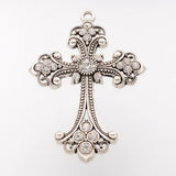 Alloy Rhinestone Cross Big Gothic Pendants, Lead Free & Cadmium Free & Nickel Free, Antique Silver, 75x50x7mm, Hole: 3.5mm, 5pcs/Set