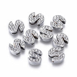 Alloy Initial Slide Charms with Grade A Rhinestones, Lead Free & Nickel Free, Platinum, Letter.S, 12~13x8~13x4~5mm, Hole: 8x2mm, 20pc/Set