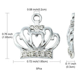 Alloy Rhinestone Pendants, Platinum Tone Crown Charms, Crystal, 19.5x18.5x3mm, Hole: 2mm, 5pc/Set