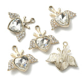 Alloy Rhinestone Pendants, Light Gold Tone Heart with Wing Charms, Crystal, 21.5x22.5x5.5mm, Hole: 2mm, 5pc/Set