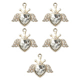 Alloy Rhinestone Pendants, Light Gold Tone Heart with Wing Charms, Crystal, 21.5x22.5x5.5mm, Hole: 2mm, 5pc/Set