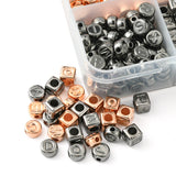 CCB Plastic Beads, Horizontal Hole, Flat Round/Cube with Letter, Gunmetal & Rose Gold, 6~7x6~7x4~6mm, Hole: 1.4~3mm, 267pcs/box