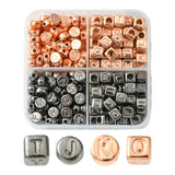 CCB Plastic Beads, Horizontal Hole, Flat Round/Cube with Letter, Gunmetal & Rose Gold, 6~7x6~7x4~6mm, Hole: 1.4~3mm, 267pcs/box