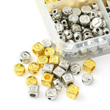 CCB Plastic Beads, Horizontal Hole, Flat Round/Cube with Letter, Platinum & Golden, 6~7x6~7x4~6mm, Hole: 1.4~3mm, 244pcs/box