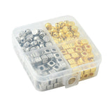 CCB Plastic Beads, Horizontal Hole, Flat Round/Cube with Letter, Platinum & Golden, 6~7x6~7x4~6mm, Hole: 1.4~3mm, 244pcs/box