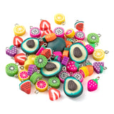 50Pcs 10 Style Handmade Polymer Clay Pendants, with Platinum Plated Iron Findings, Lemon & Carrot & Grapefruit & Grape & Dragon Fruit & Kiwi Fruit & Watermelon & Strawberry & Avocado, Mixed Color, 50pcs/Box, 2Box/Set