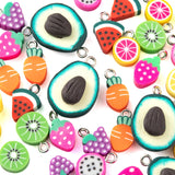 50Pcs 10 Style Handmade Polymer Clay Pendants, with Platinum Plated Iron Findings, Lemon & Carrot & Grapefruit & Grape & Dragon Fruit & Kiwi Fruit & Watermelon & Strawberry & Avocado, Mixed Color, 50pcs/Box, 2Box/Set