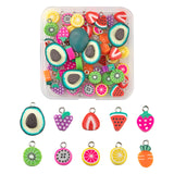 50Pcs 10 Style Handmade Polymer Clay Pendants, with Platinum Plated Iron Findings, Lemon & Carrot & Grapefruit & Grape & Dragon Fruit & Kiwi Fruit & Watermelon & Strawberry & Avocado, Mixed Color, 50pcs/Box, 2Box/Set