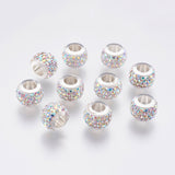 304 Stainless Steel European Beads, with Polymer Clay Rhinestone, Large Hole Beads, Rondelle, Crystal AB, 11x7.5mm, Hole: 5mm, 10pcs/Set