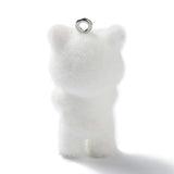 Flocky Resin Pendants, Cat Shape Charms with Platinum Plated Iron Loops, White, 35.5x16.5x17mm, Hole: 2mm, 10pc/Set